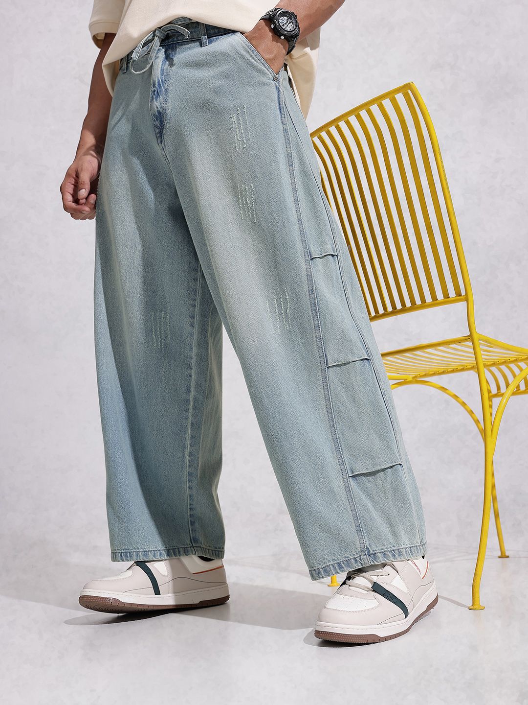 WROGN Men Baggy Mid-Rise Low Distress Heavy Fade Pure Cotton Jeans-image-9