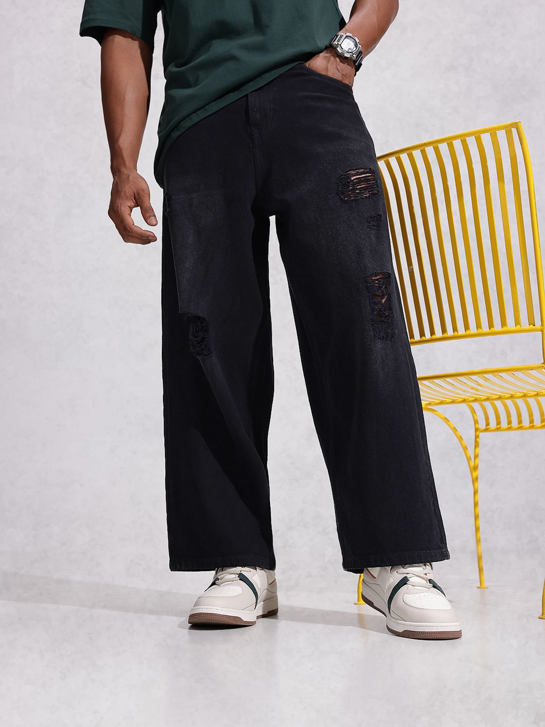 WROGN Men Baggy Fit Mildly Distressed Pure Cotton Jeans-image-7