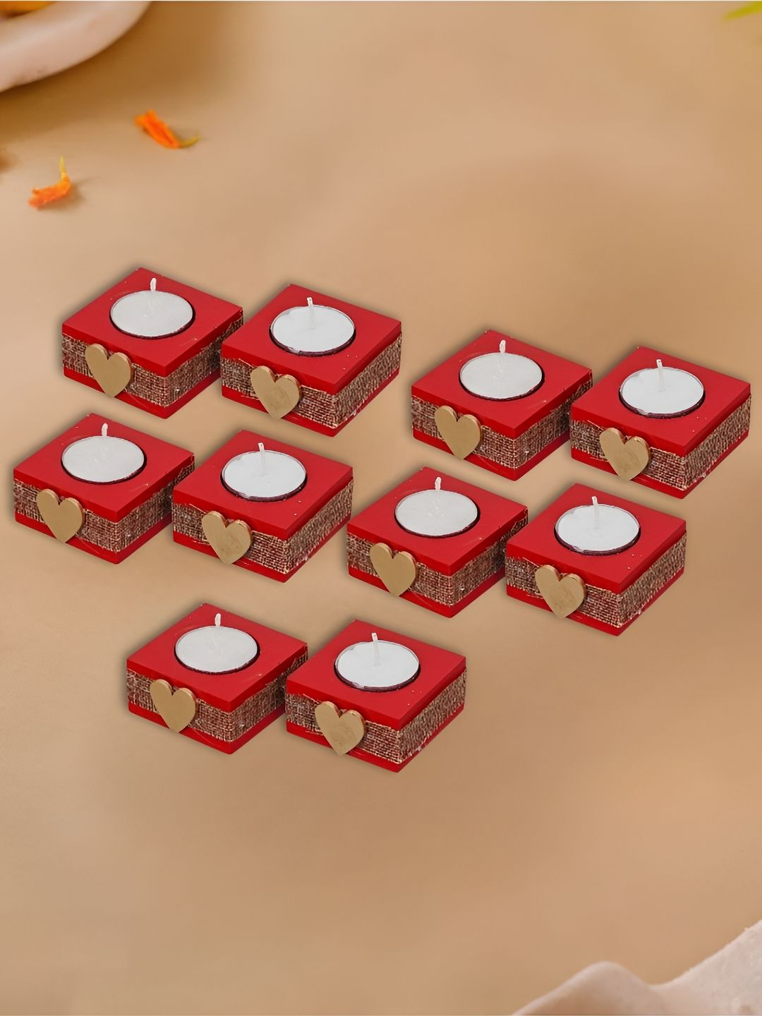Artisyn Red & Gold-Toned 10 Pieces Square Heart Wooden Tea Light Candle Holders-picture-56