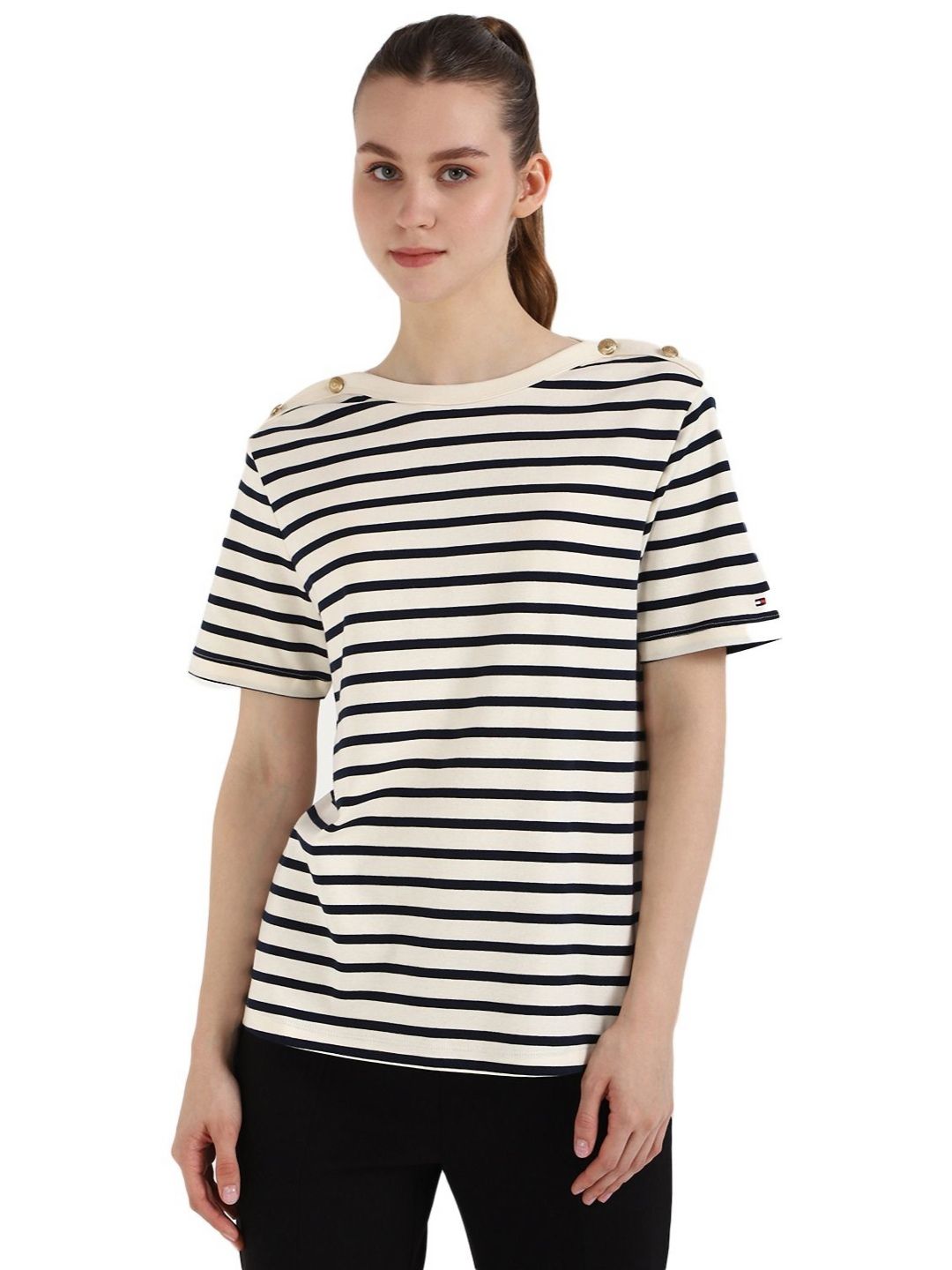 Tommy Hilfiger Women Striped Round Neck Cotton T-shirt-picture-31