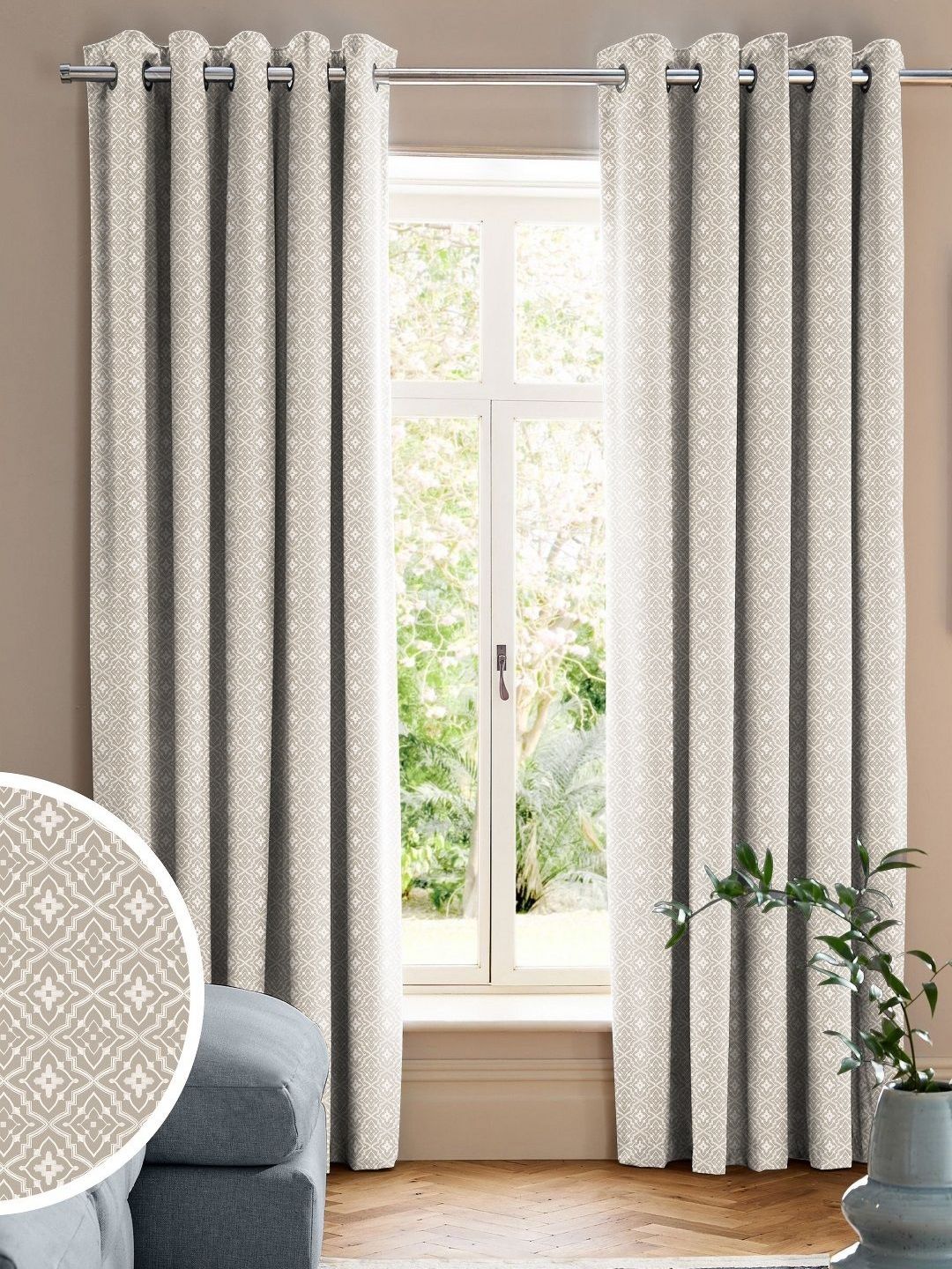 CASABLEU Beige Set of 2 Geometric Long Door Curtain-image-16