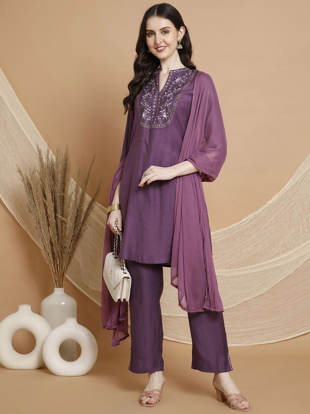 Nayam By Lakshita Women Floral Embroidered Regular Mirror Work Kurta with Trousers & With Dupatta