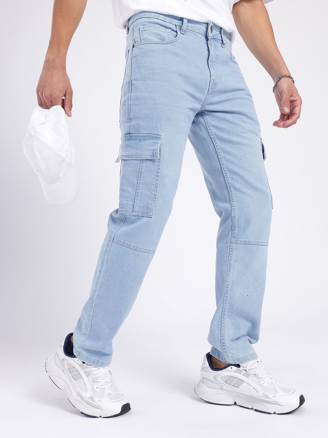 glitchez Men Relaxed Fit Light Fade Stretchable Panelling Cargo Jeans-picture-11