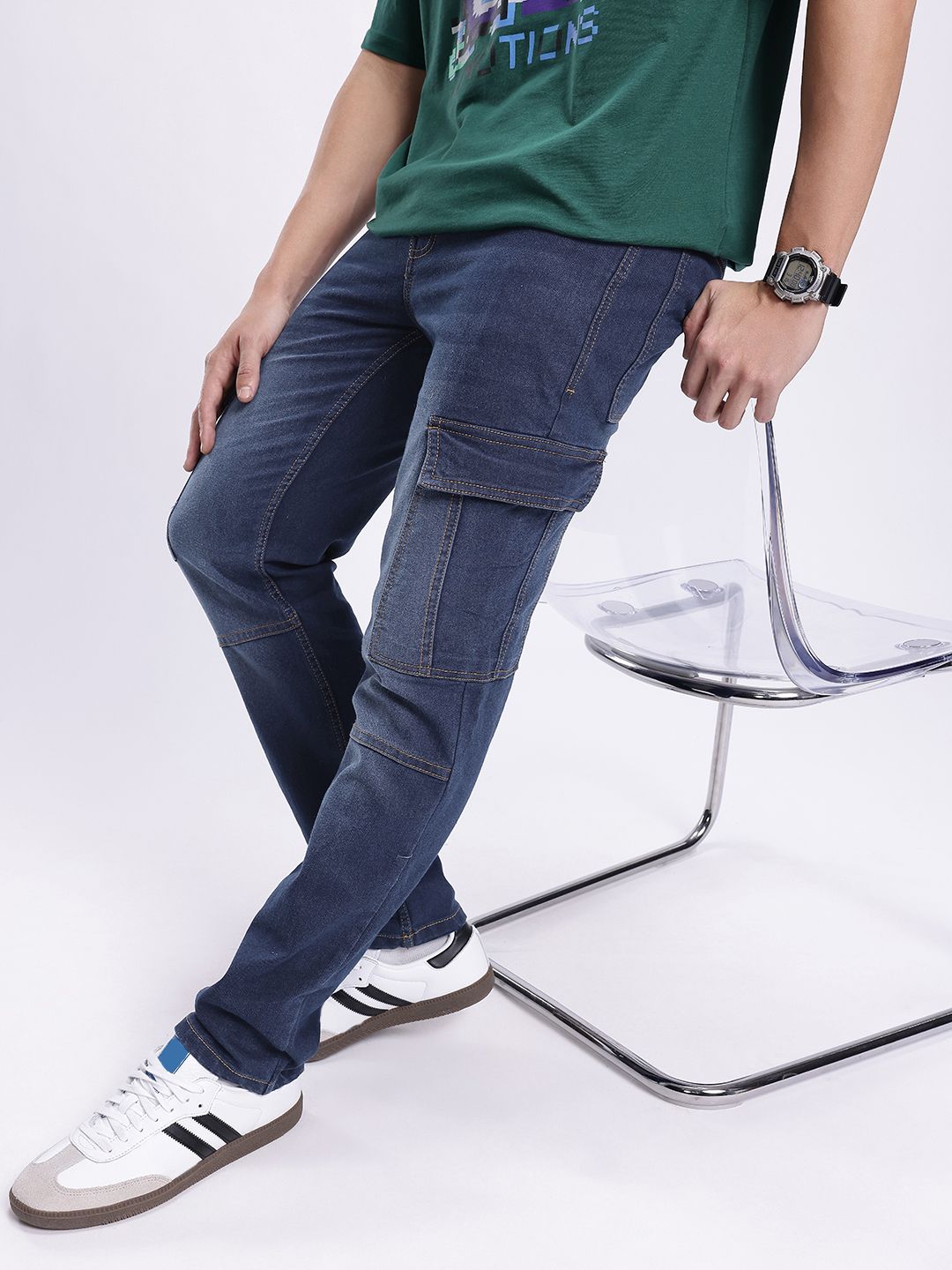 glitchez Men Relaxed Fit Light Fade Stretchable Panelling Cargo Jeans-picture-12