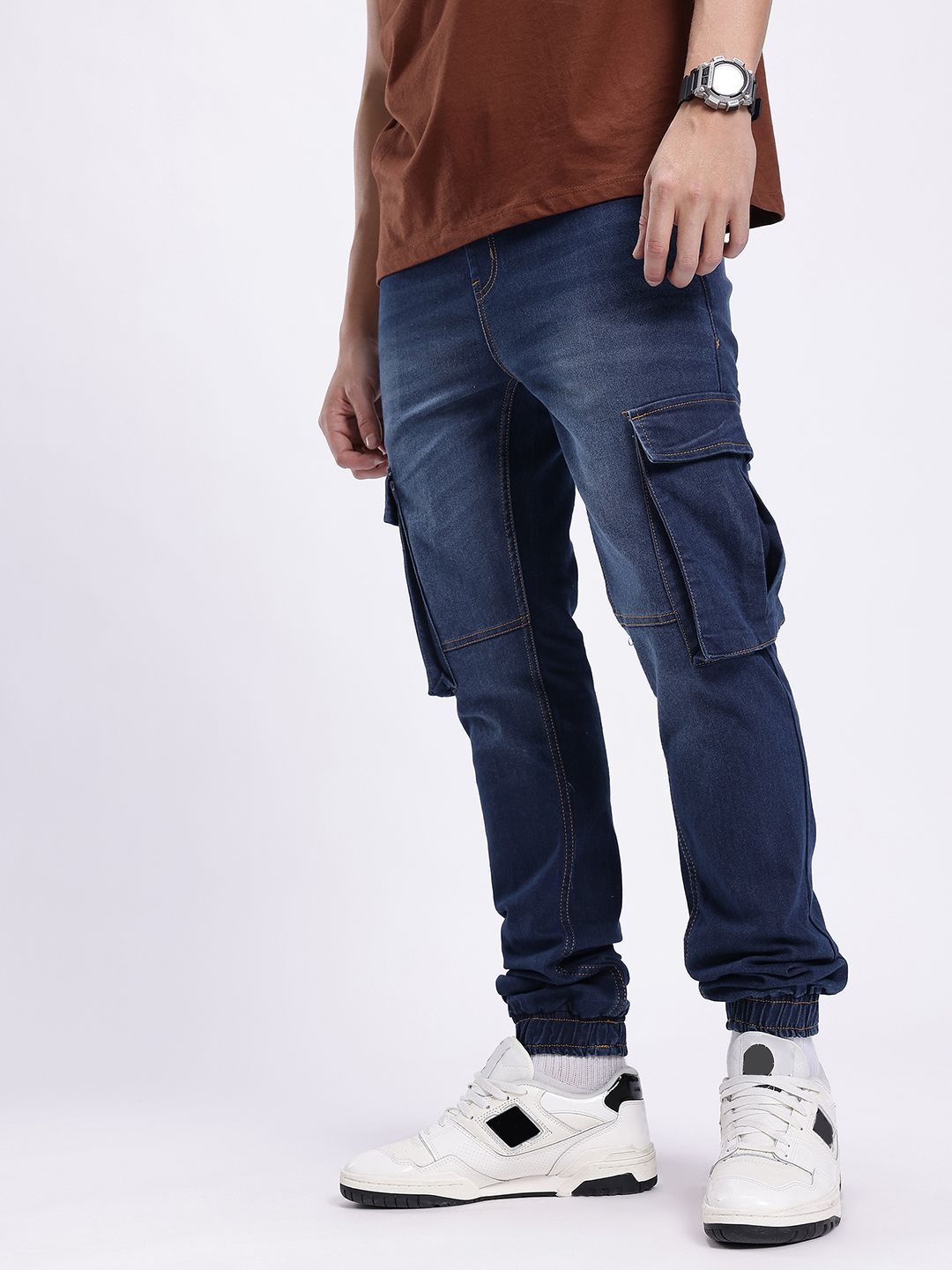 glitchez Men Relaxed Fit Light Fade Panelling Cargo Jogger Jeans-picture-29