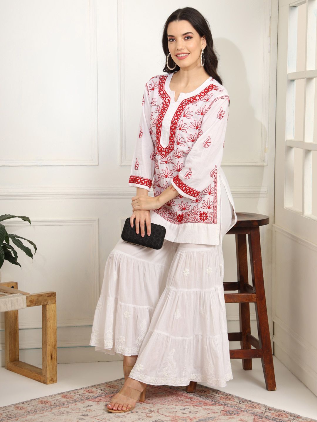 SUFIZA LIFESTYLE Floral Embroidered Notch Neck Chikankari Pure Cotton Straight Kurta-image-34