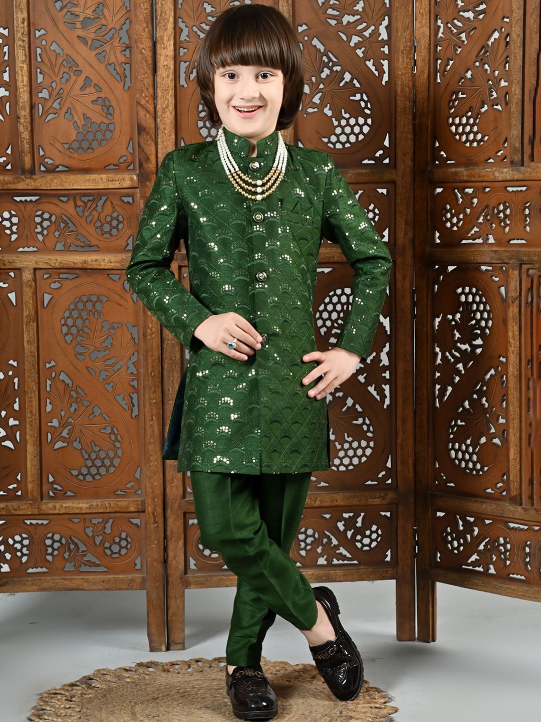 BAESD Boys Ethnic Motifs Embroidered Regular Thread Work Raw Silk Kurta with Pyjamas-image-11