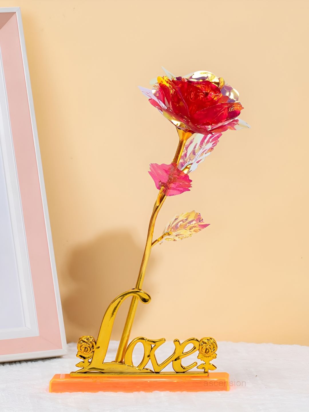 Ascension Gold-Toned & Pink Textured Rose Flower With Love Stand Showpieces-image-30