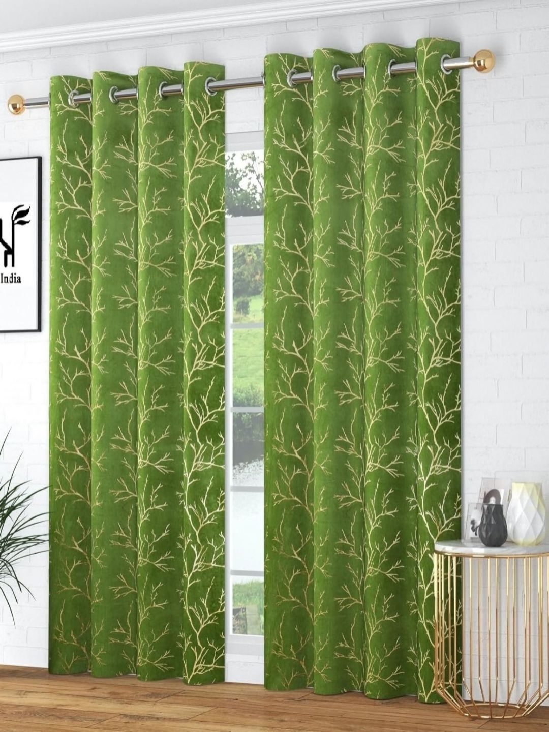 Aura Green & Gold-Toned 2 Pieces Foil Printed Room Darkening Long Door Curtains-picture-38