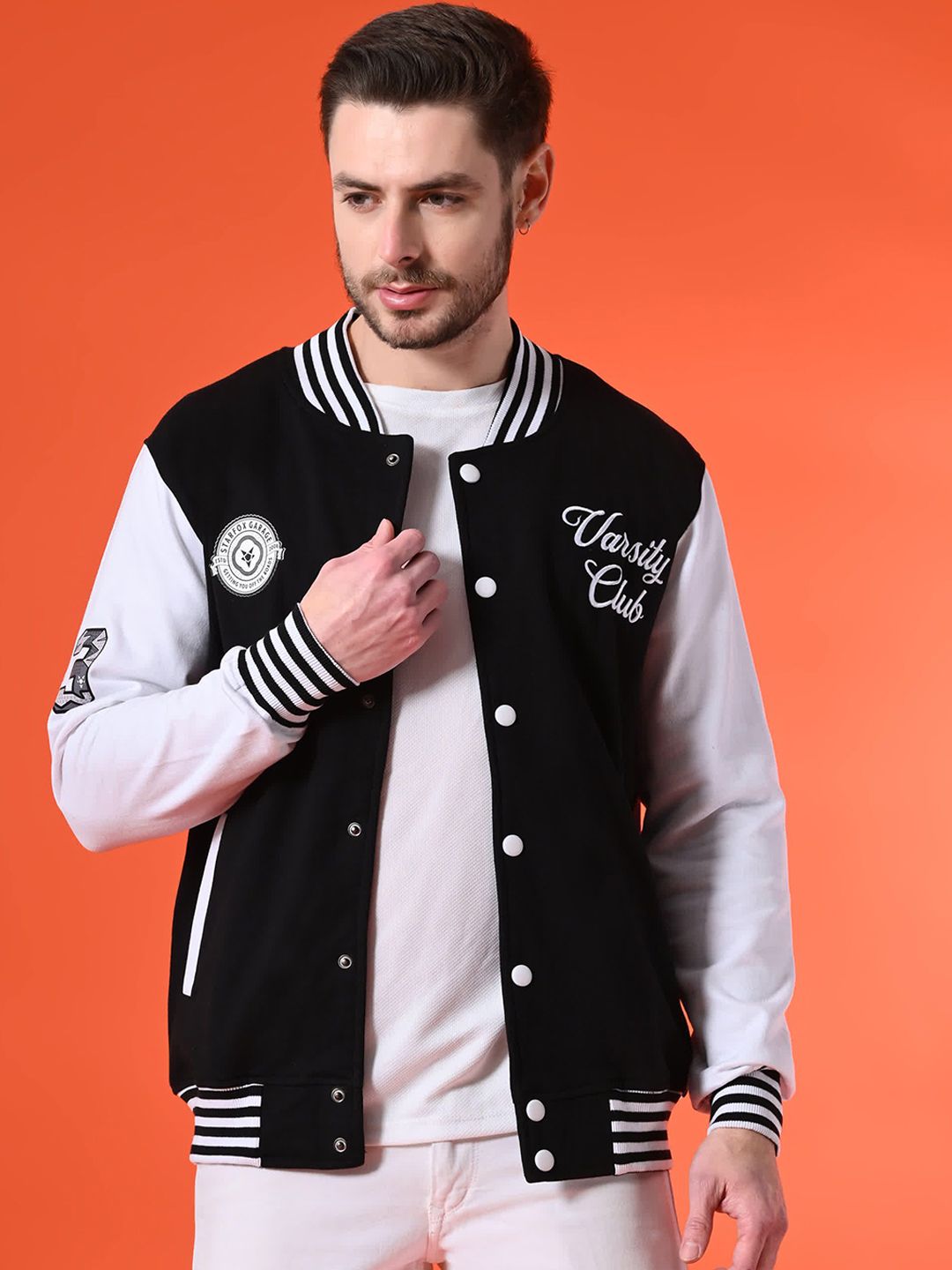 STARFOX Men Stand Collar Typography Printed Fleece Casual Lightweight Varsity Jacket-picture-27