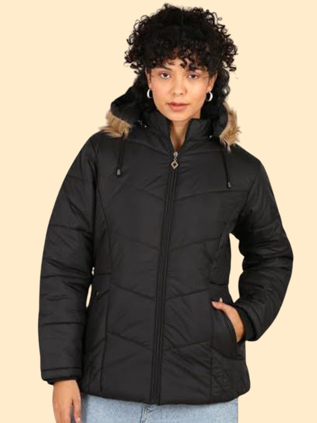 ELLIPSE Women Hooded Faux Fur Trim Padded Jacket