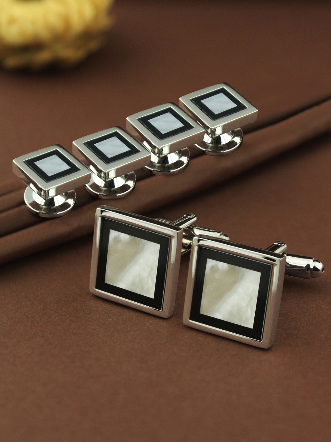 House of Pataudi Rhodium-Plated Pearls Studded Cufflinks & Shirt Studs-picture-25