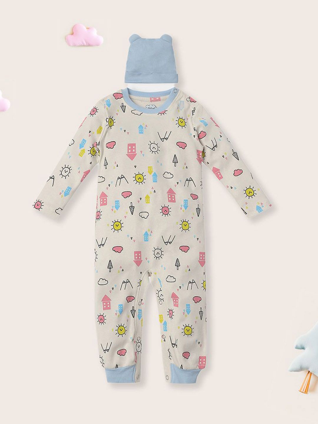 Nauti Nati Infants Printed Pure Cotton Romper With Contrast Beanie-picture-57