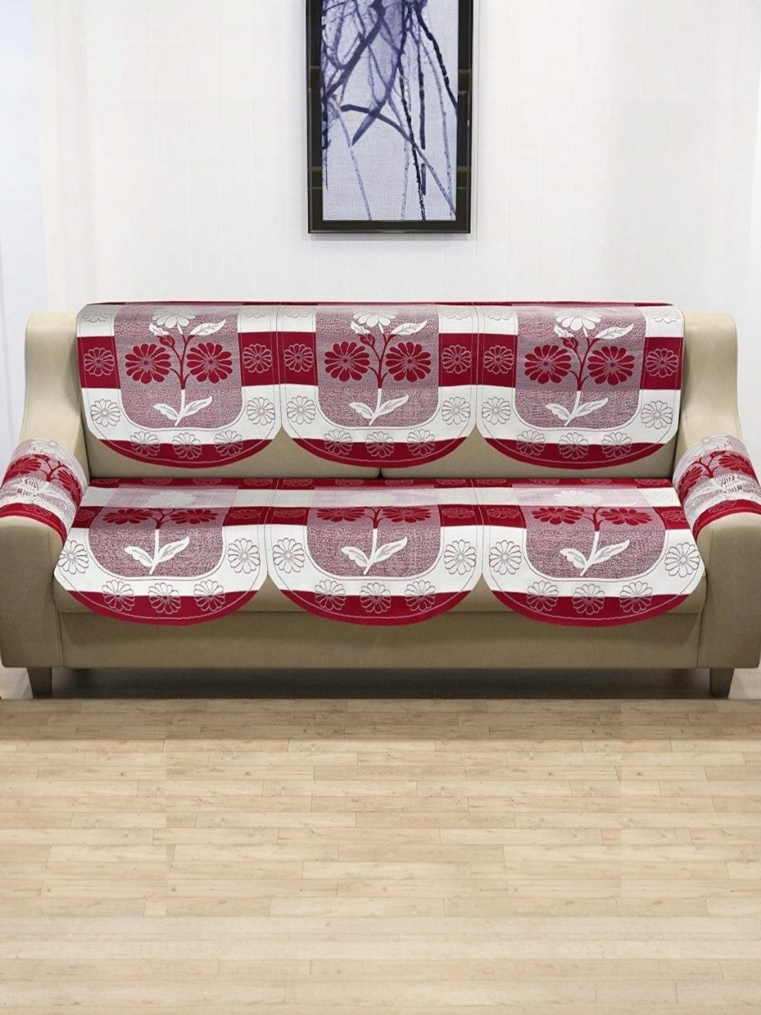BIGGER FISH Red & White 3 Seater Sofa Cover With Arms Cover-picture-32
