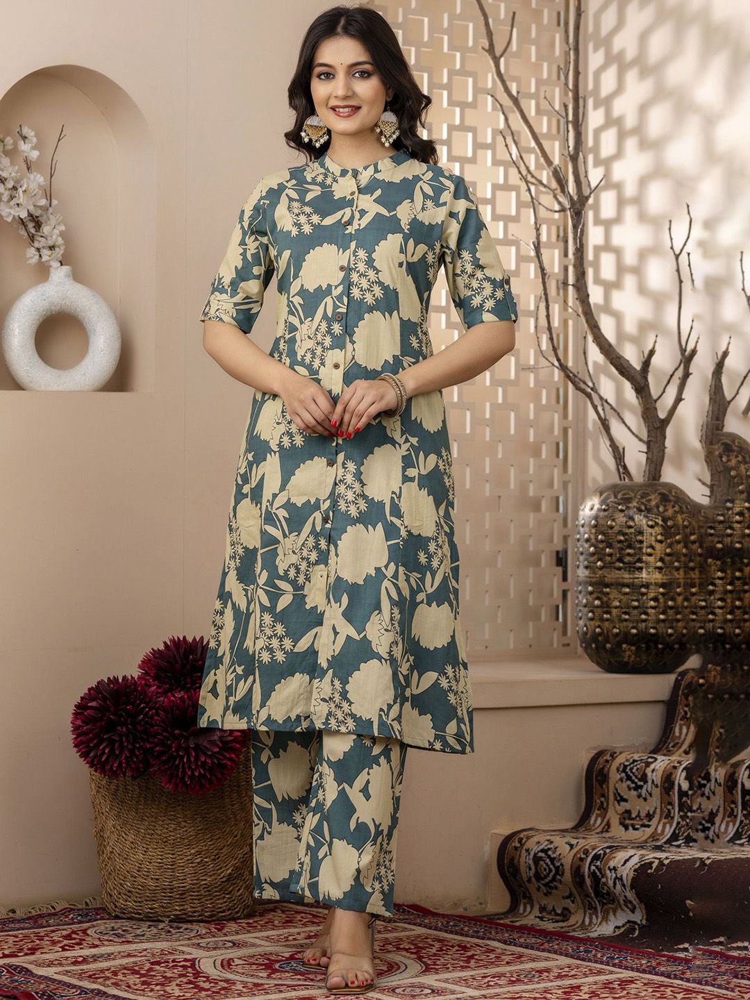 MF Hayat Floral Printed Pure Cotton Band Collar A-Line Kurta With Trousers