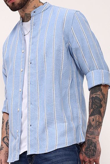 Men's Black Mandarin Collar Striped Slim Fit Shirt