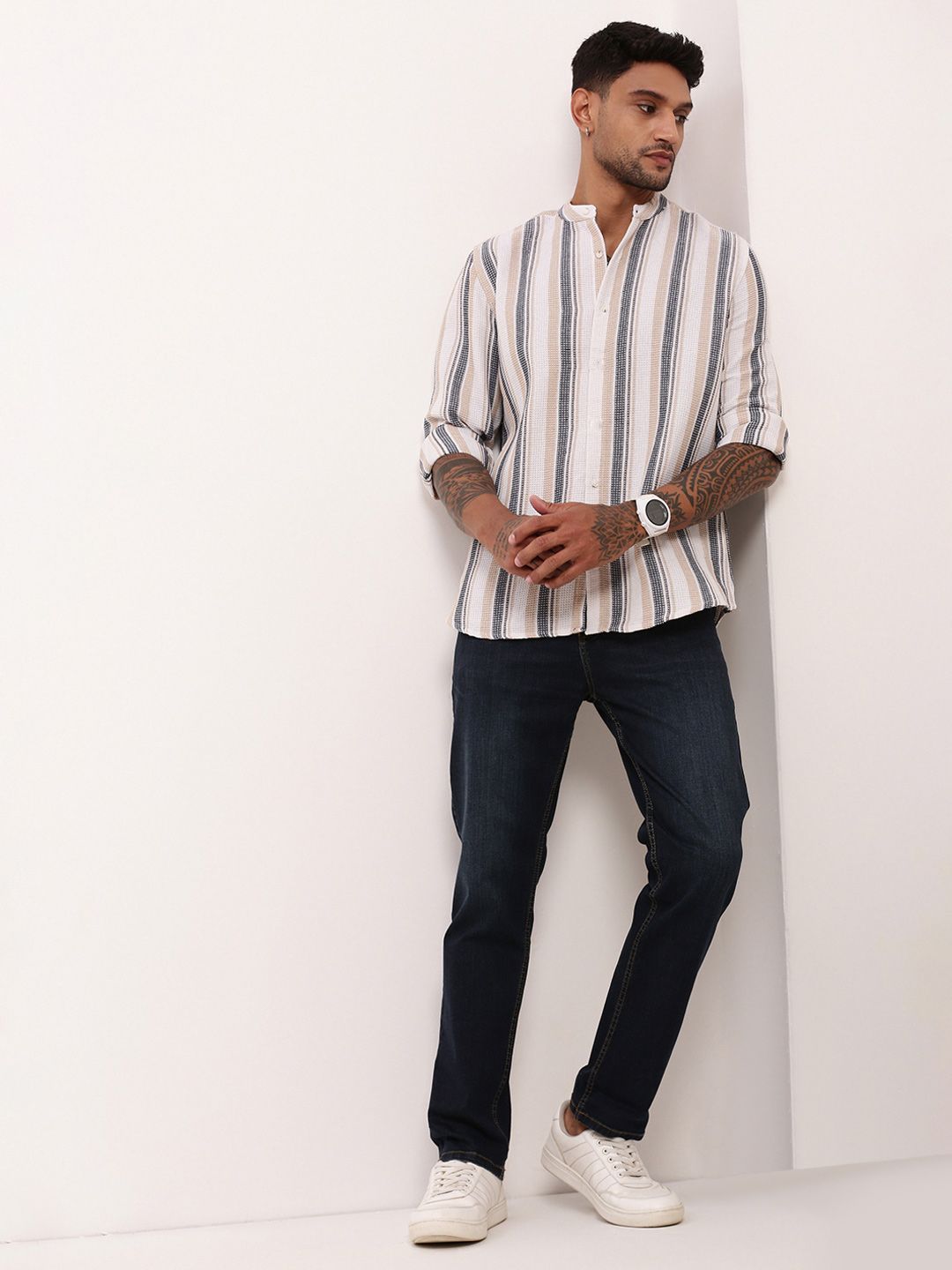 Men's Off White Mandarin Collar Stripes Slim Fit Shirt