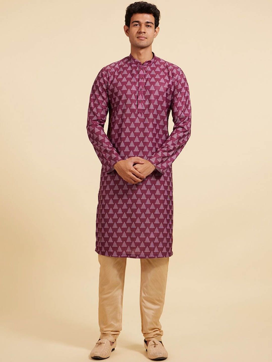 Diwas by Manyavar Geometric Printed Woven Design Cotton Mandarin Collar Straight Kurta-picture-31