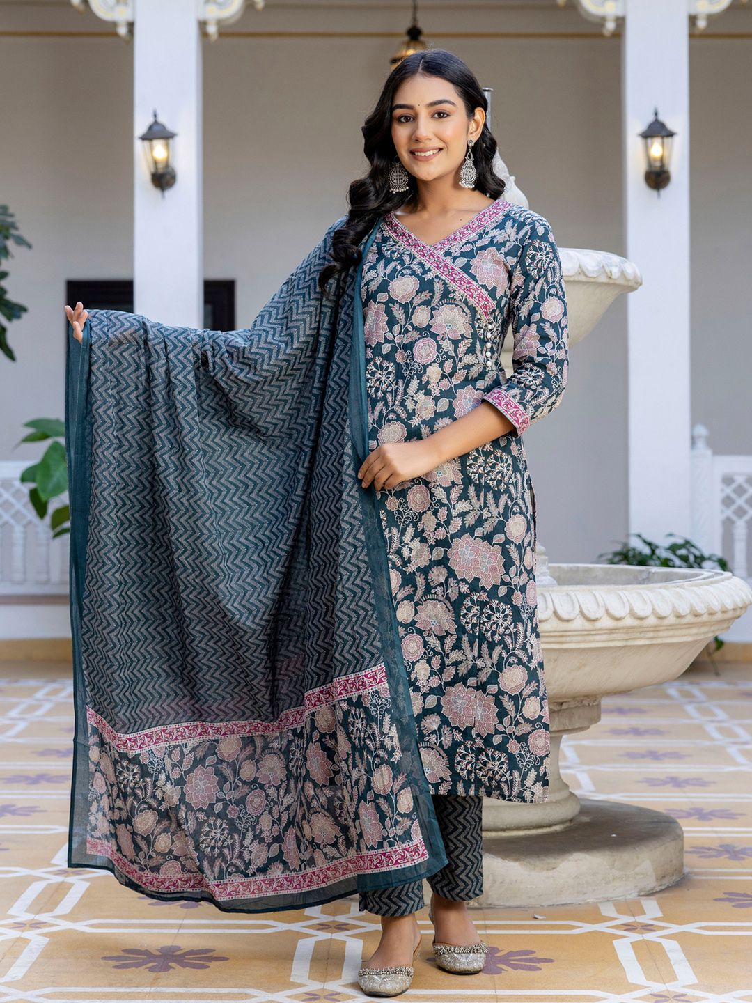 Kohsh Floral Printed V-Neck Pure Cotton Angrakha Kurta With Trouser And Dupatta