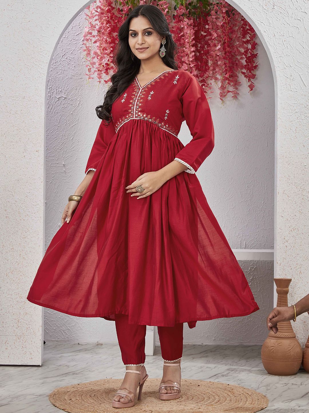 ZIRVI Ethnic Motifs Embroidered Mirror Work V-Neck Anarkali Kurta With Trousers