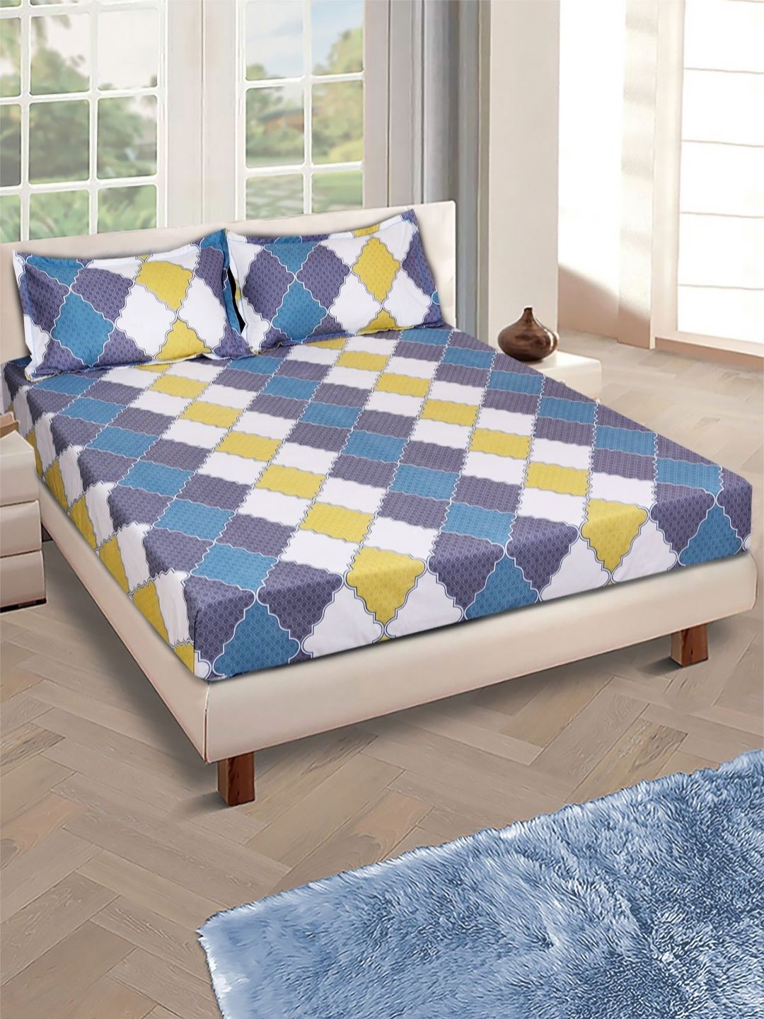 Aura White And Yellow Geometric Printed 144 TC Queen Bedsheet Set 2.29 m X 2.54 m-picture-31