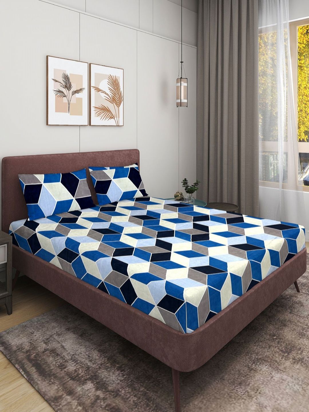 Aura Blue And White Geometric Printed Microfiber 144 TC Queen Bedsheet Set 2.24 m x 2.42 m-picture-33