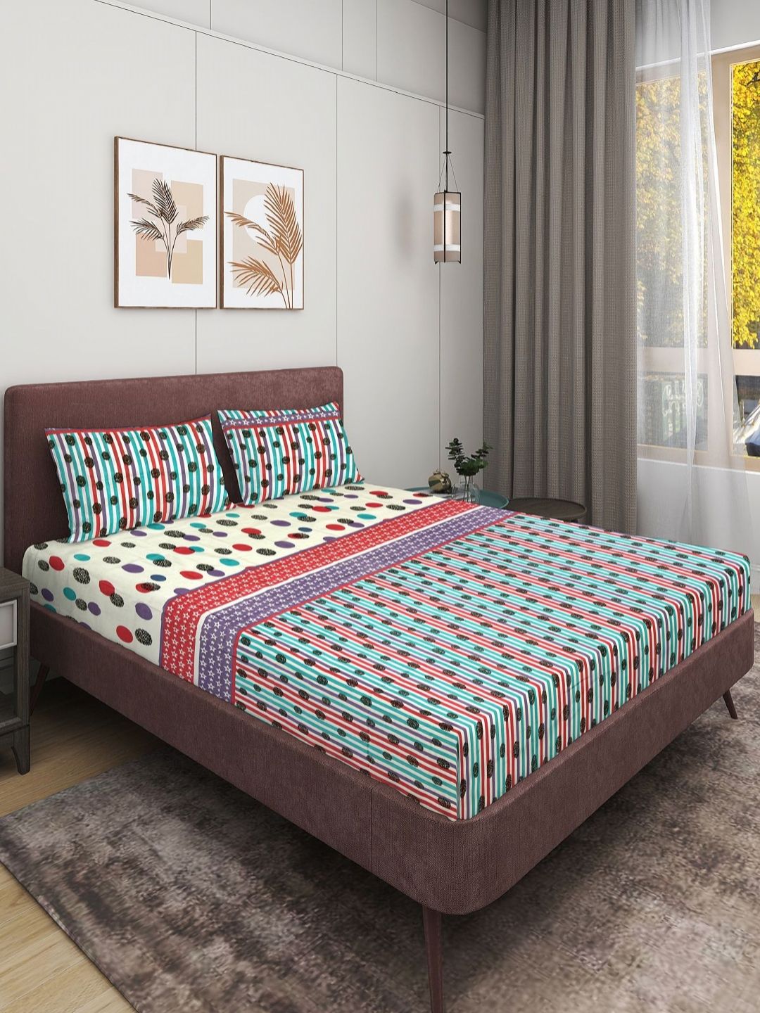 Aura White & Green Geometric Printed Microfiber 144 TC Queen Bedsheet Set 2.29 m x 2.54 m-picture-27