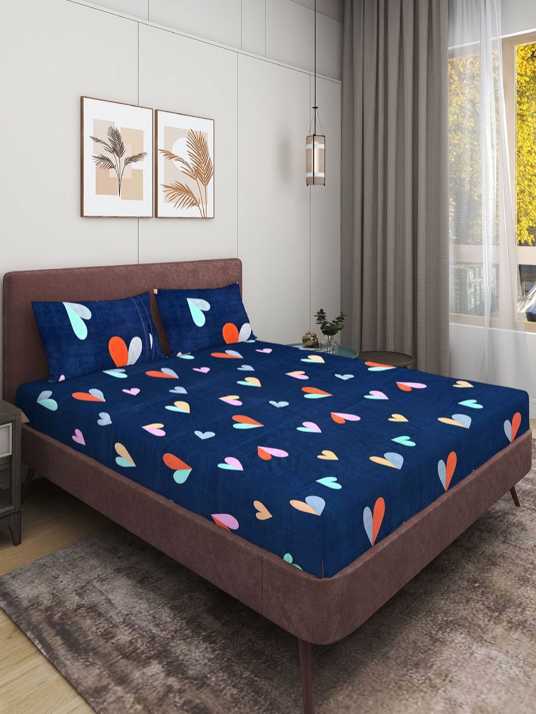 Aura Navy Blue Heart Printed 144 TC Queen BedsheetSet 2.29 m x 2.54 m-picture-26