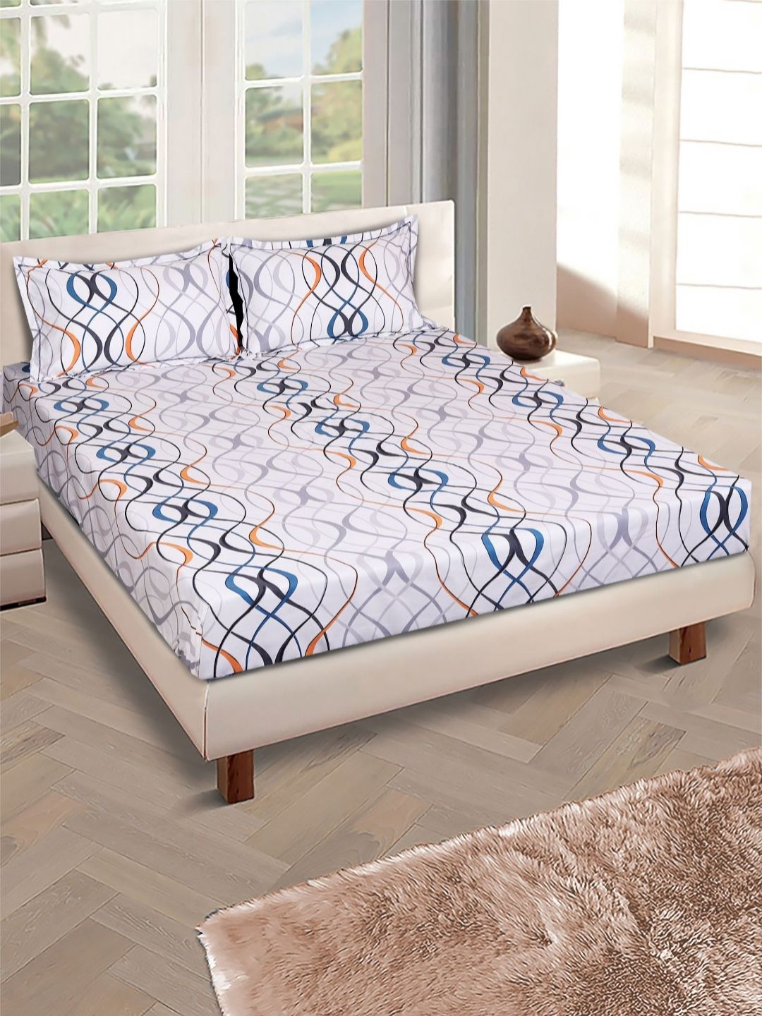 Aura White & Blue Geometric Printed Microfiber 144 TC Queen Bedsheet Set 2.30 m X 2.55 m-picture-30