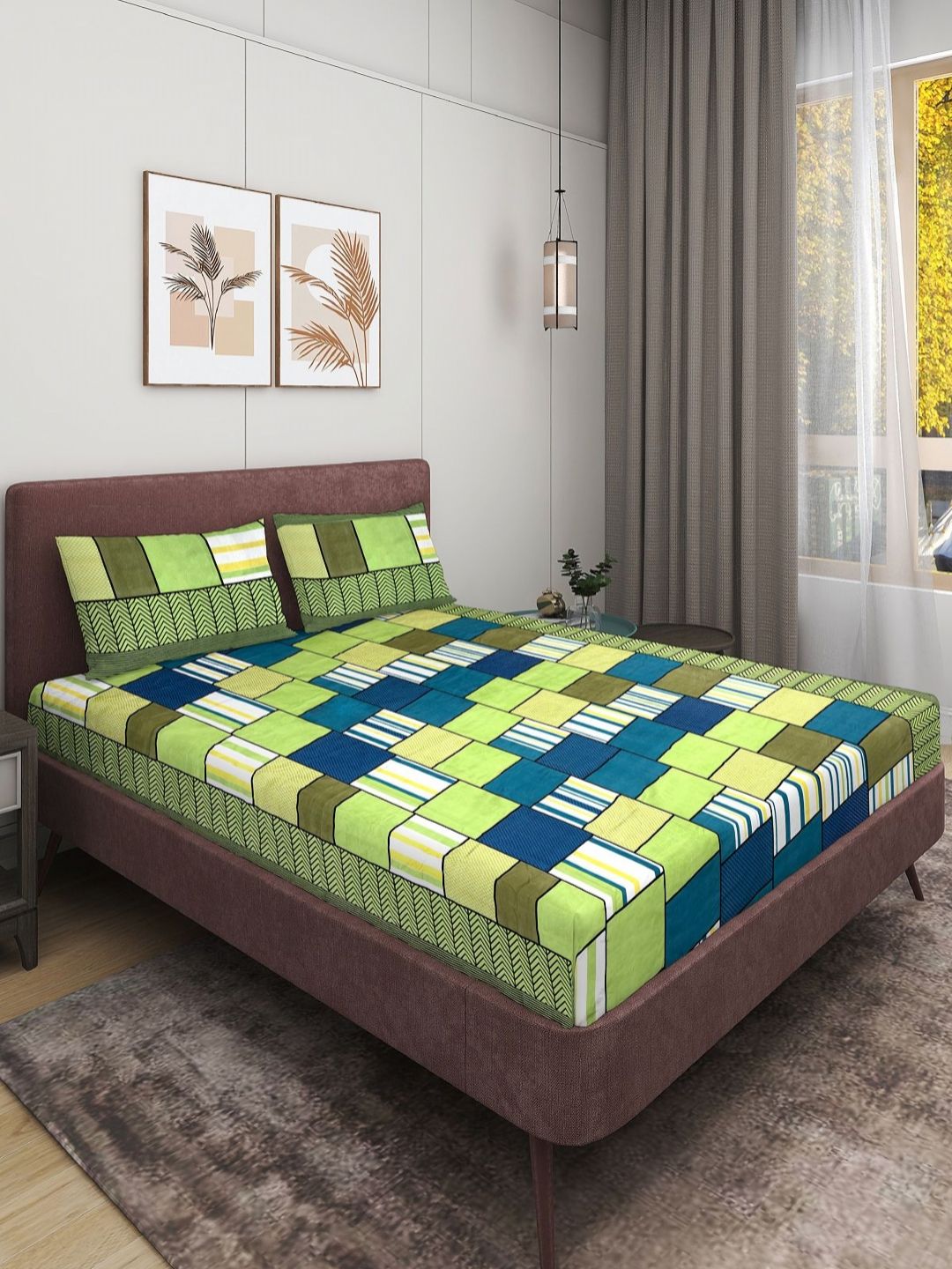 Aura Green & Blue Geometric Printed Microfiber 144 TC Queen Bedsheet Set 2.24 m x 2.42 m-picture-28
