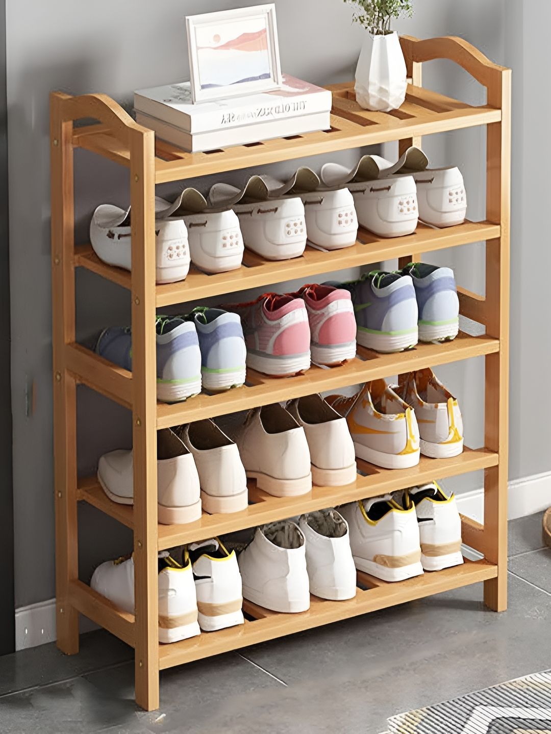 KriShyam Brown 5 Tier Standing Bamboo Wood Shoe Rack-picture-58