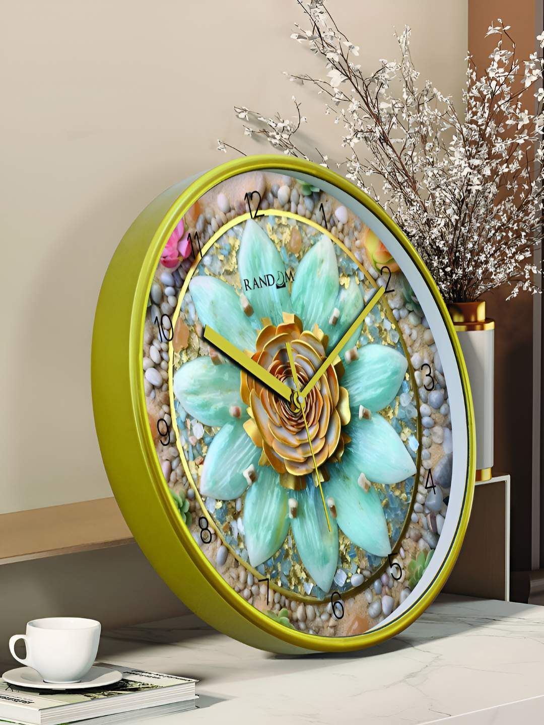 RANDOM Gold-Toned & Green Printed Contemporary Wall Clock-picture-34