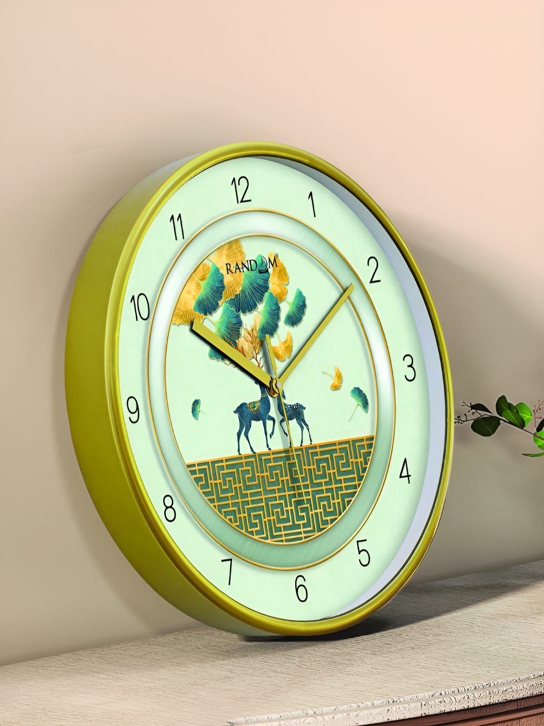 RANDOM Gold-Toned & Green Printed Contemporary Wall Clock-picture-35