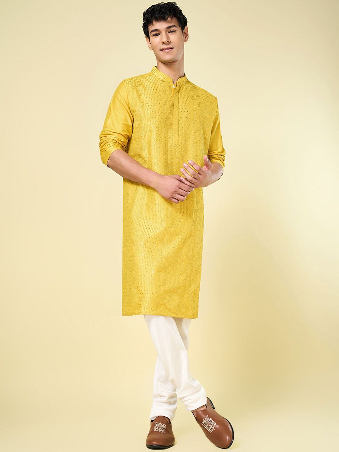 indus route by Pantaloons Striped Mandarin Collar Straight Kurta-image-40