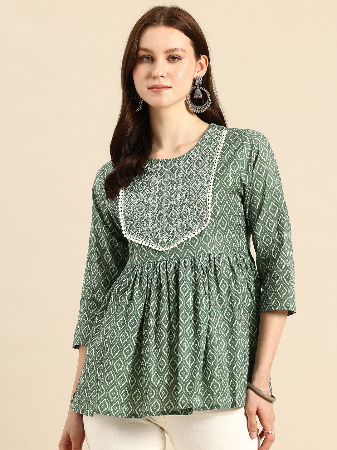 A&K Pure Cotton Embroidered Ethnic Print Peplum Top-picture-13