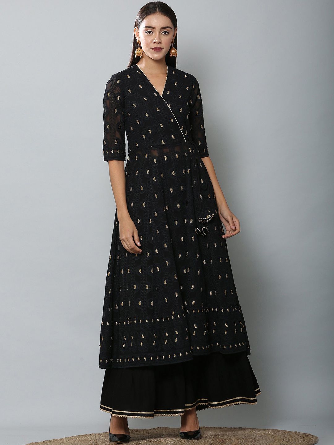 SEW Floral Geometric Thread Work V Neck Angrakha A Line Anarkali Kurta With Palazzos-image-43