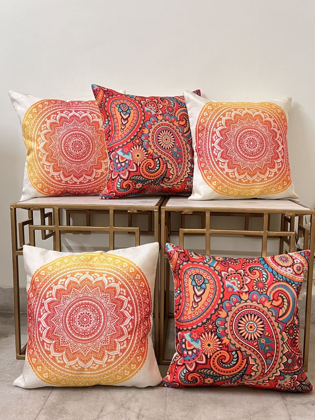 DIHIKA Orange & Yellow 5 Pieces Abstract Jute Silk Square Pillow Covers-image-28
