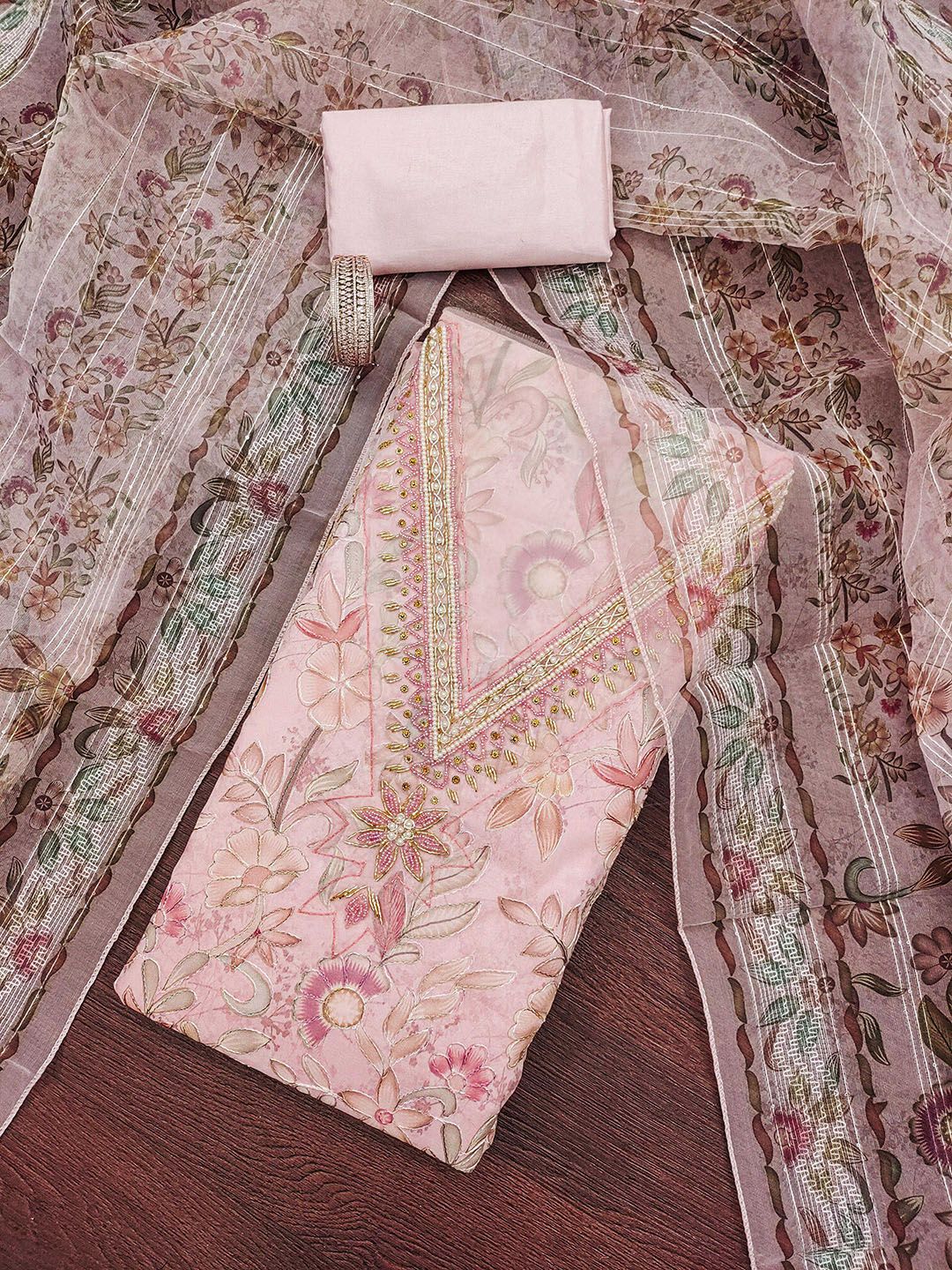 HERE&NOW Floral Printed Beads and Stones Unstitched Dress Material-image-37
