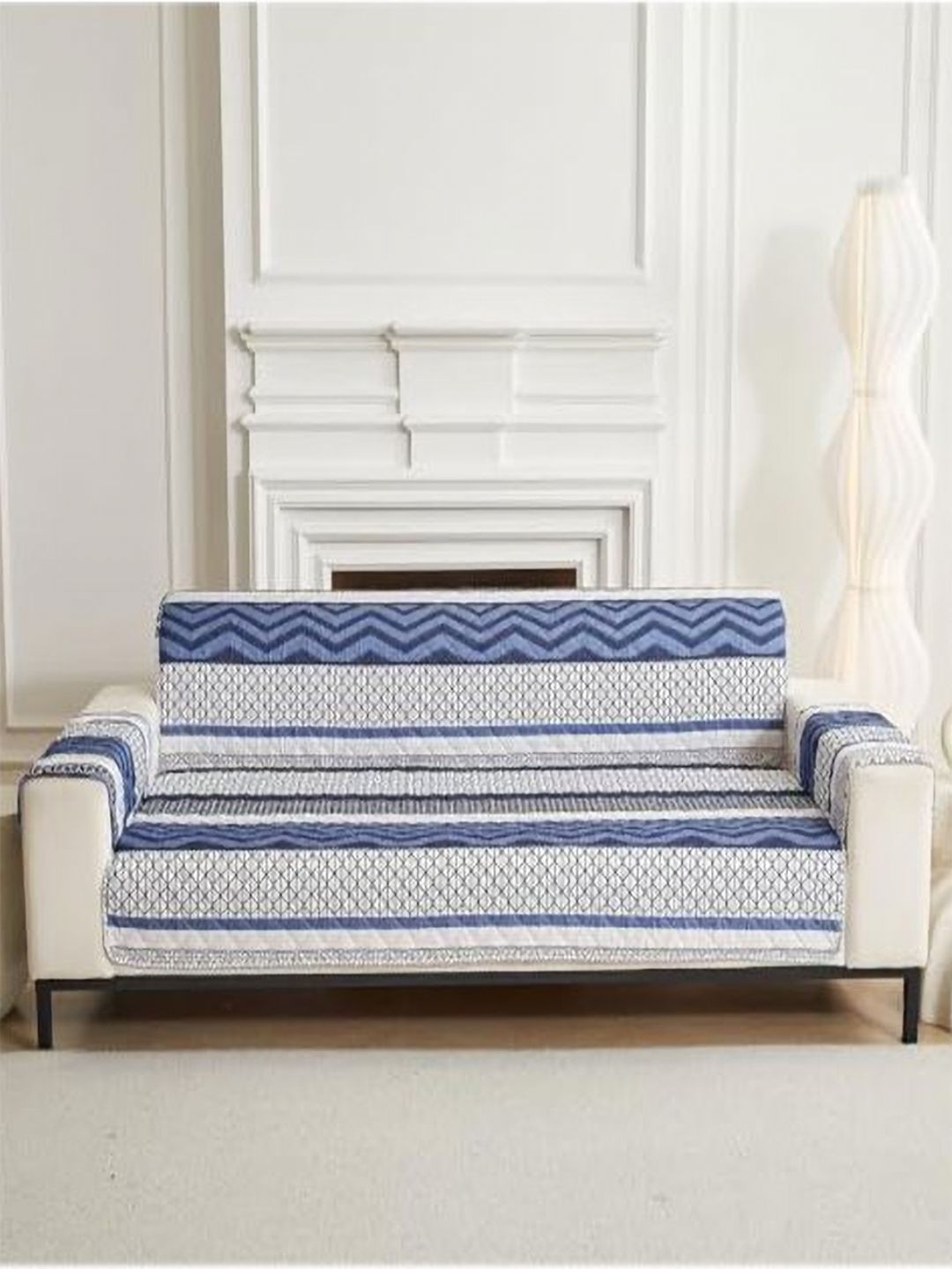 HOUSE OF QUIRK Navy Blue & White Three Seater Quilted Anti-Slip Water-Resistant Sofa Mat-image-9