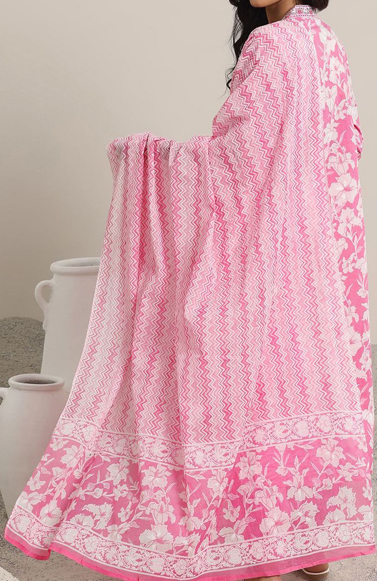Girls Floral Printed Panelled Kurti With Skirt With Dupatta