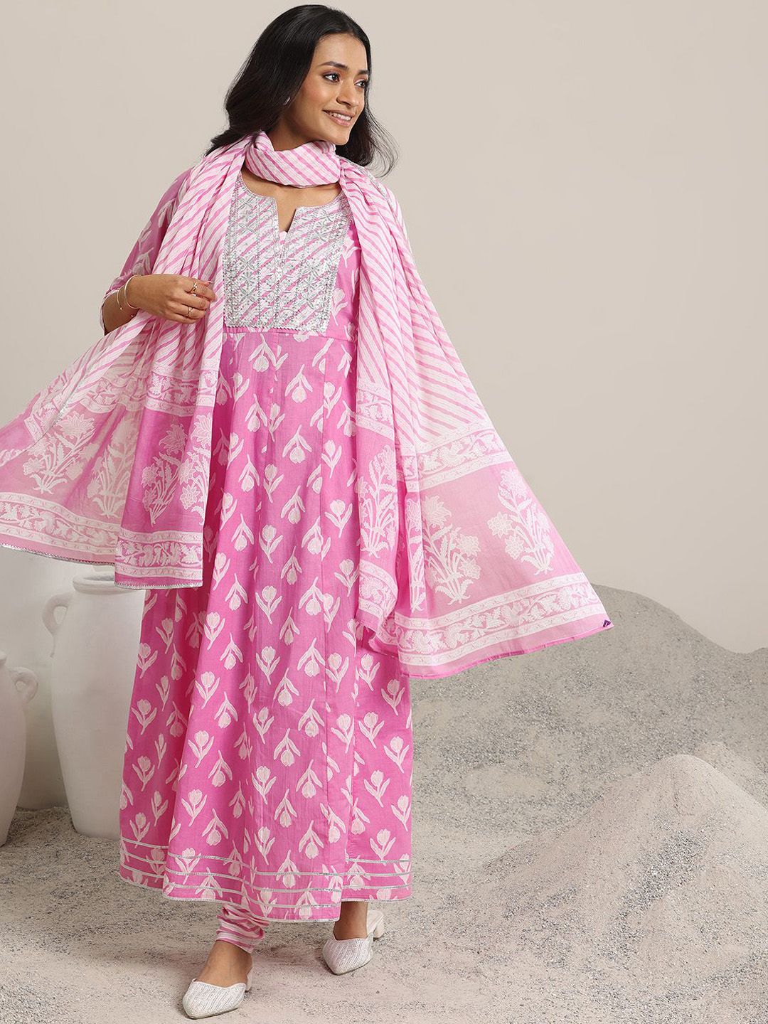 Libas Womens Pink Printed Cotton Anarkali Kurta With Churidar & Dupatta