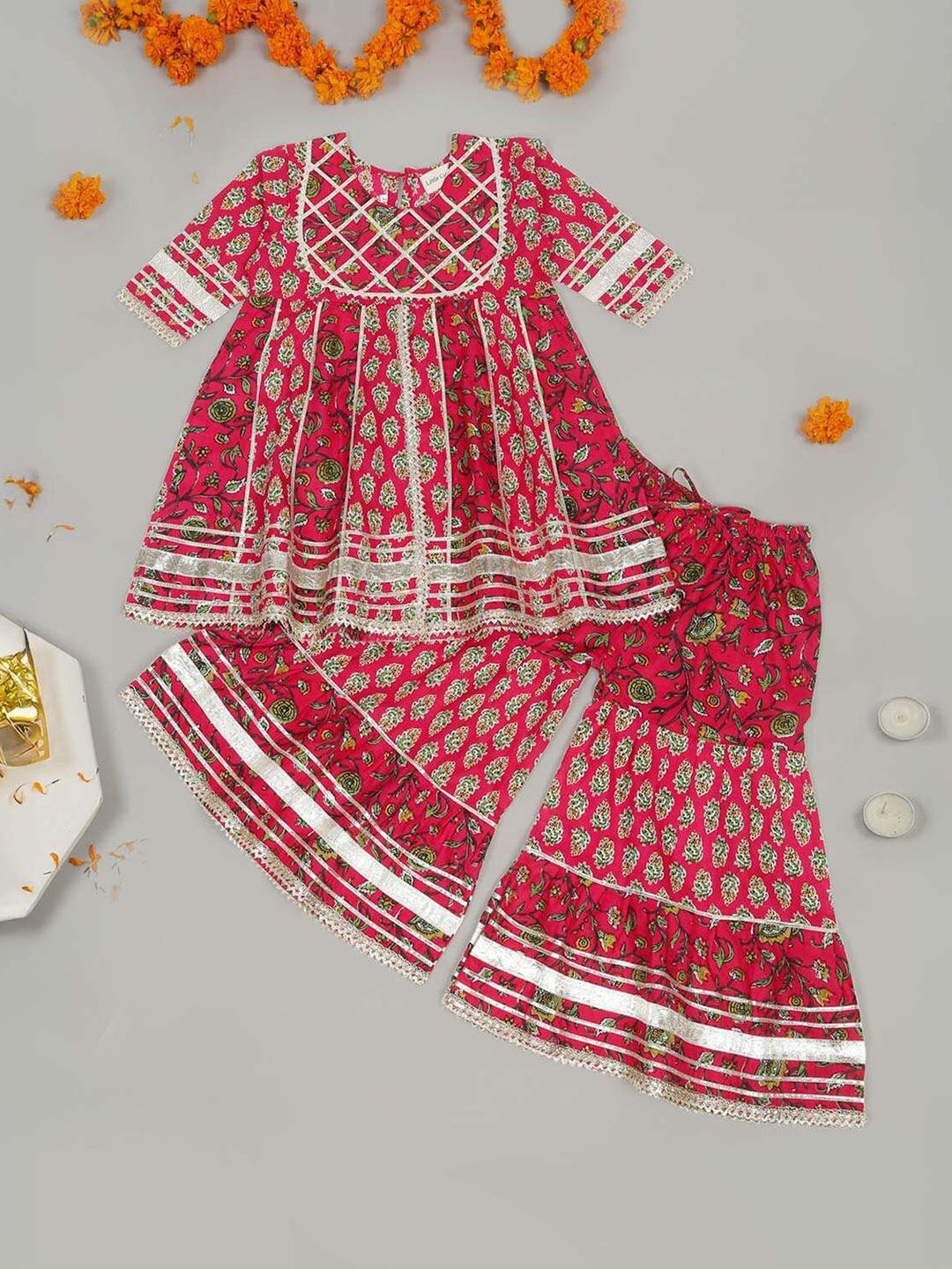 LITTLE GINNIE Girls Floral Printed Gotta Patti Pure Cotton Anarkali Kurti With Sharara-picture-37