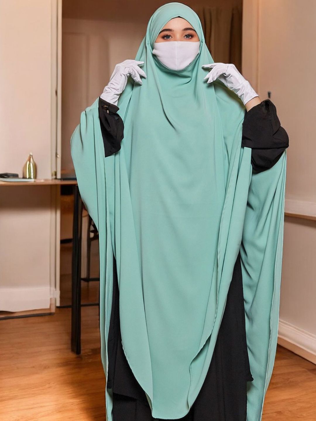 MUSHKIYA Long Prayer Hijab With Attached Mouthpiece Ready-To-Wear With Tie-Back Design