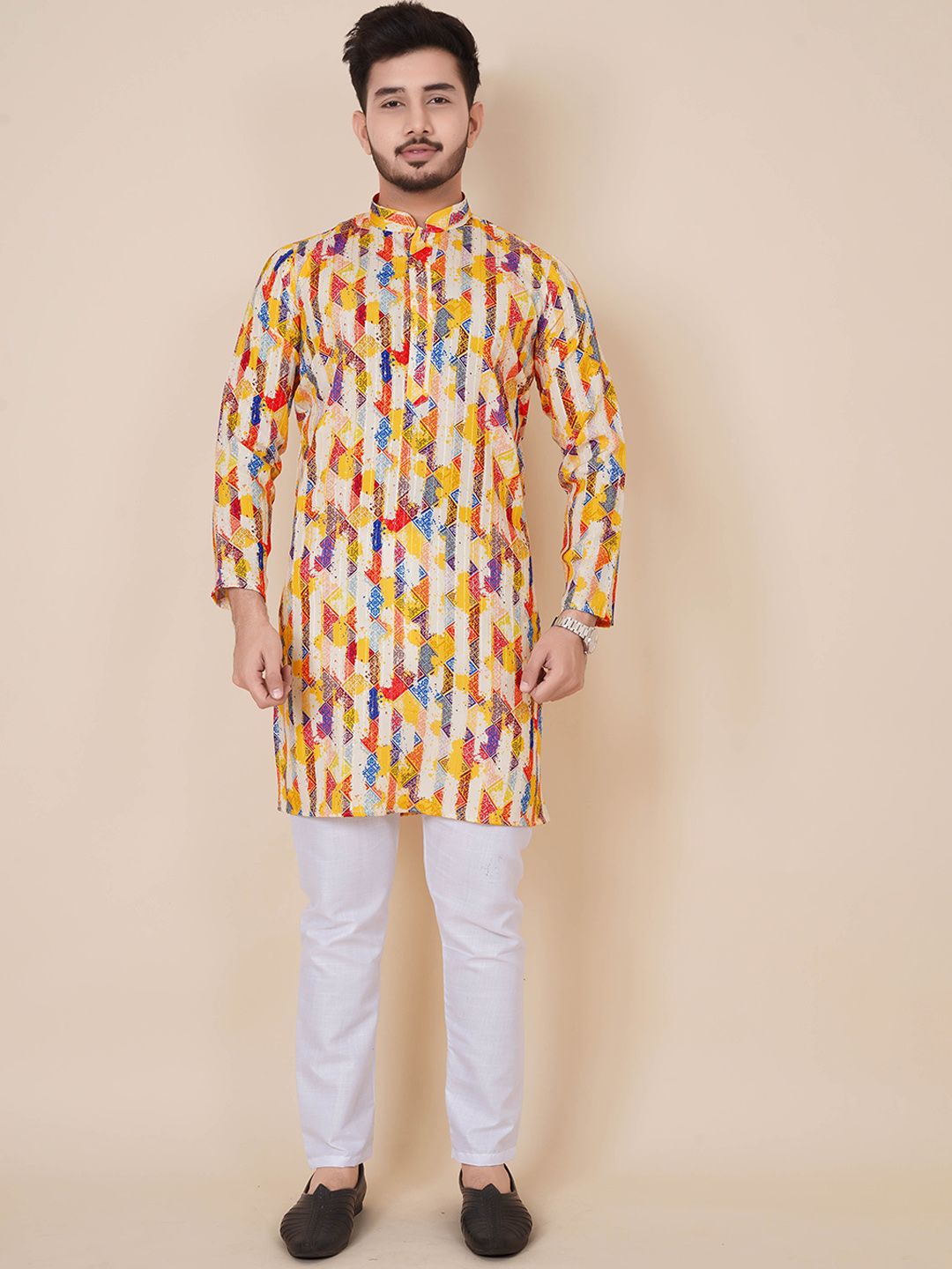 ALMORA Men Embroidered Sequinned Jacquard Kurta-image-43