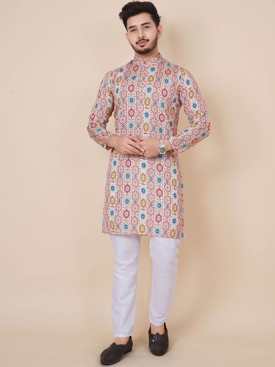 ALMORA Men Embroidered Sequinned Jacquard Kurta-image-10