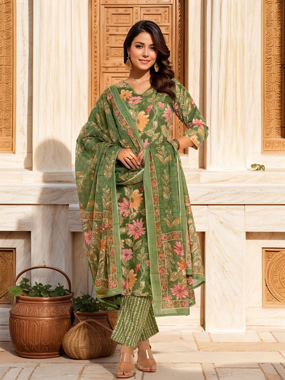 all about you Green Floral Printed V-Neck Straight Kurta With Trousers & Dupatta