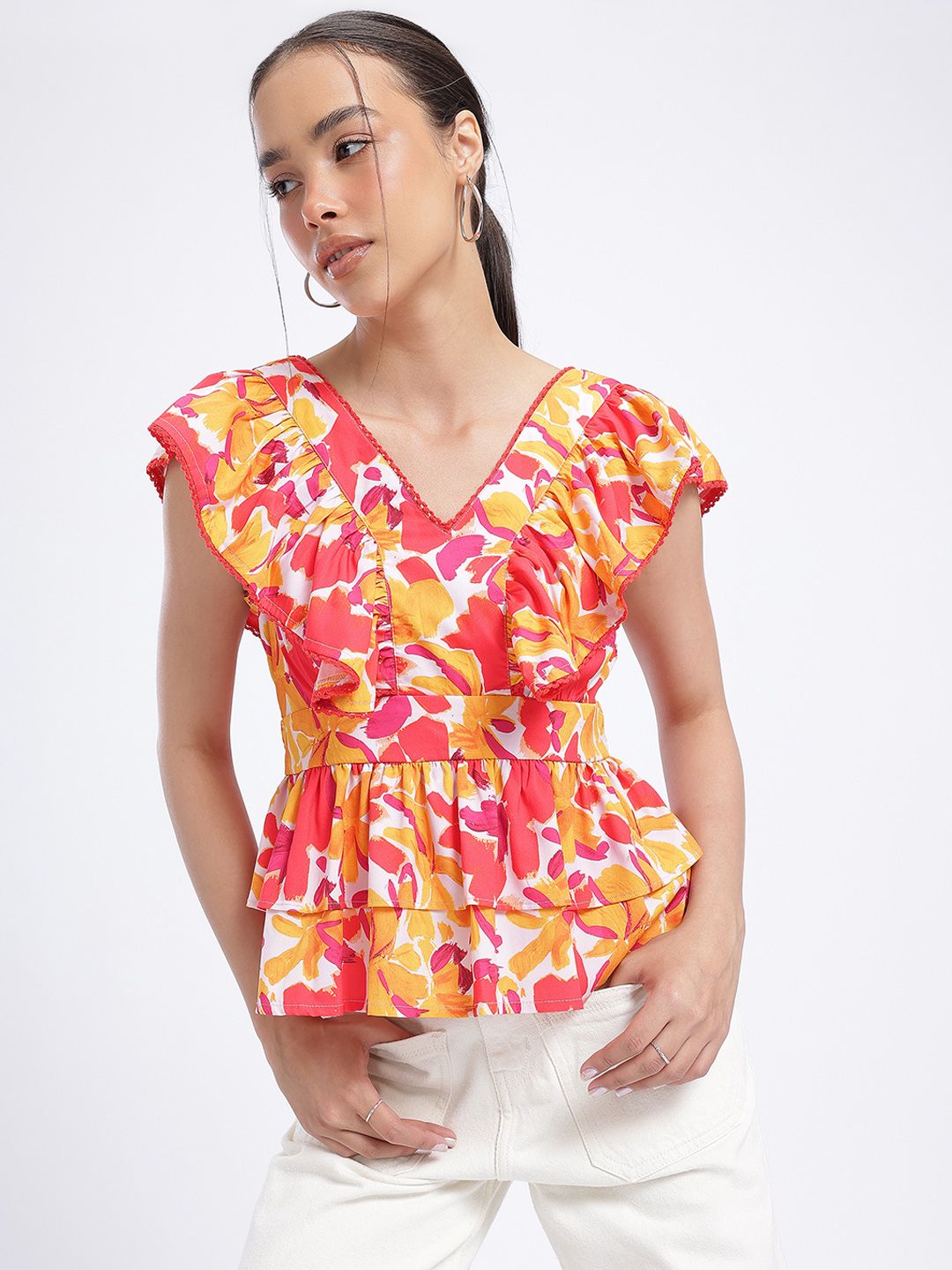 glitchez Nature's Canvas Floral Print Ruffled Layered Fit & Flare Top-picture-35