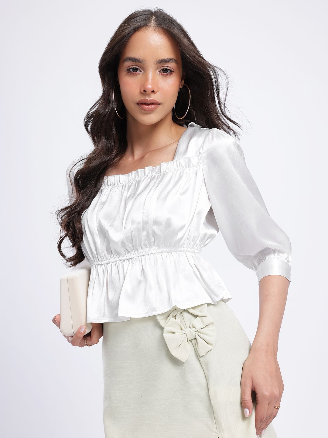 glitchez Square Neck Ruched Satin Finish Peplum Top-picture-17