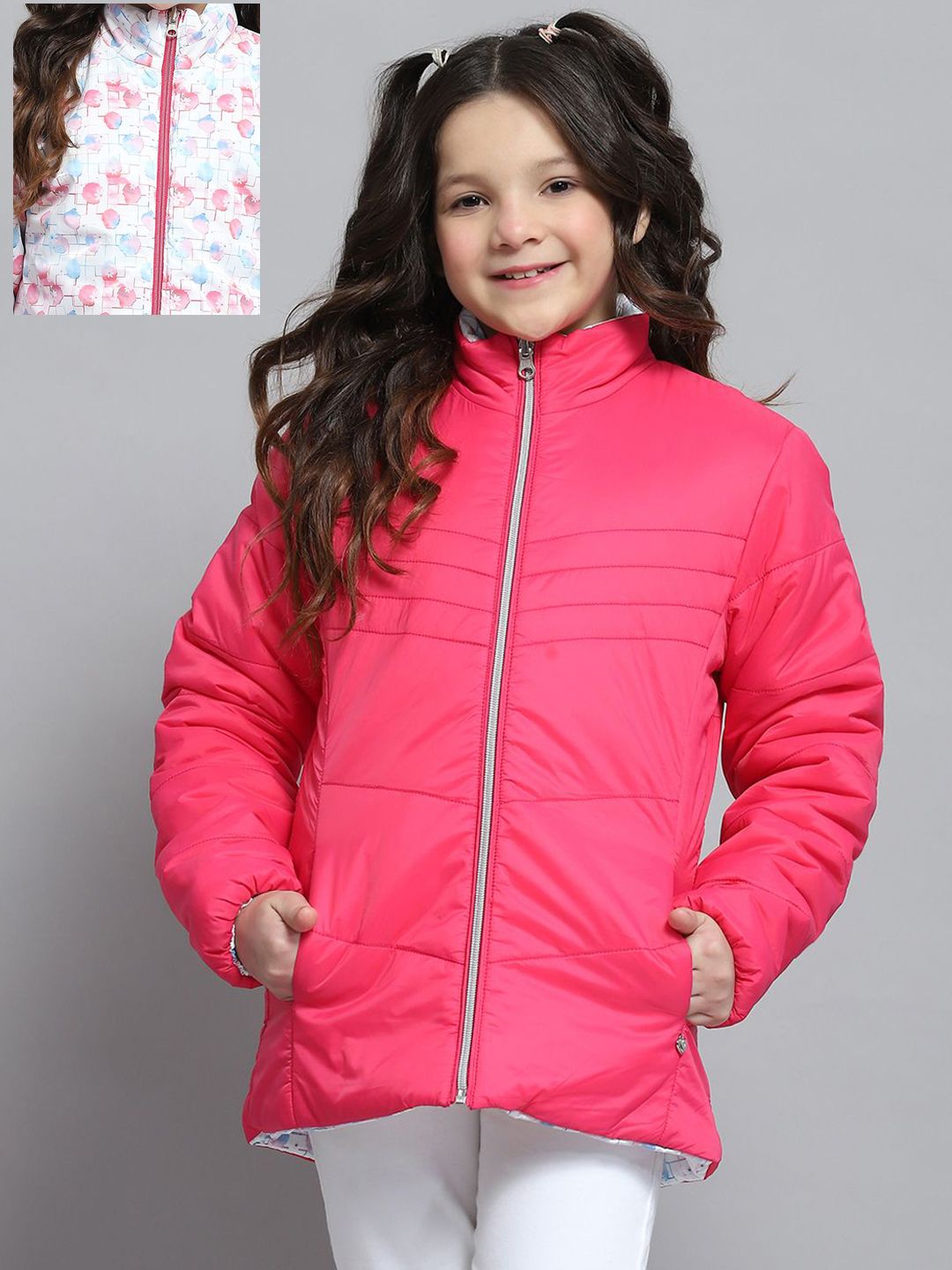 Monte Carlo Girls Mock Collar Solid Casual Reversible Padded Jacket-picture-19