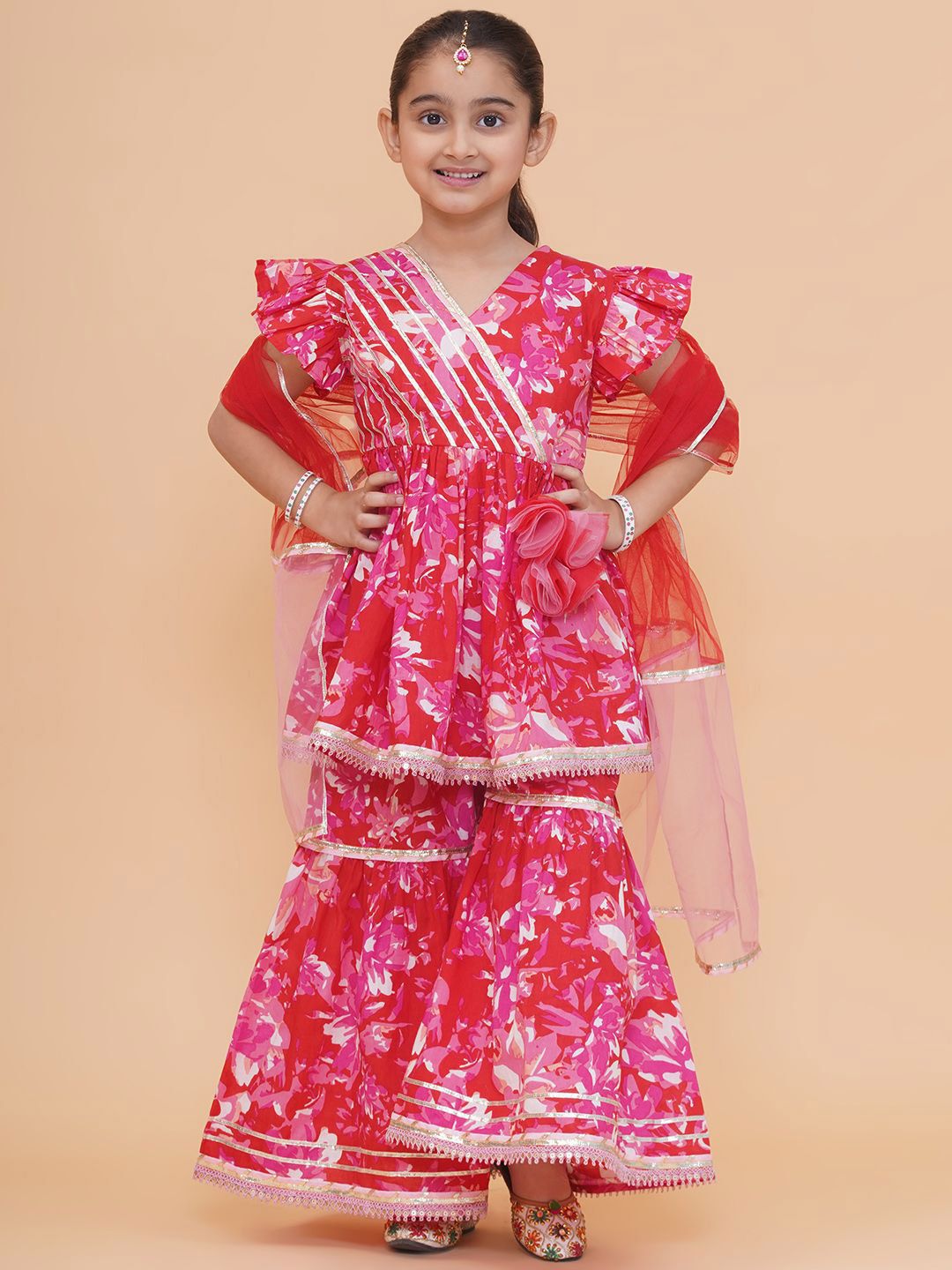 Modish Couture Girls Floral Printed V-Neck Anarkali Kurta With Sharara And Dupatta-picture-32